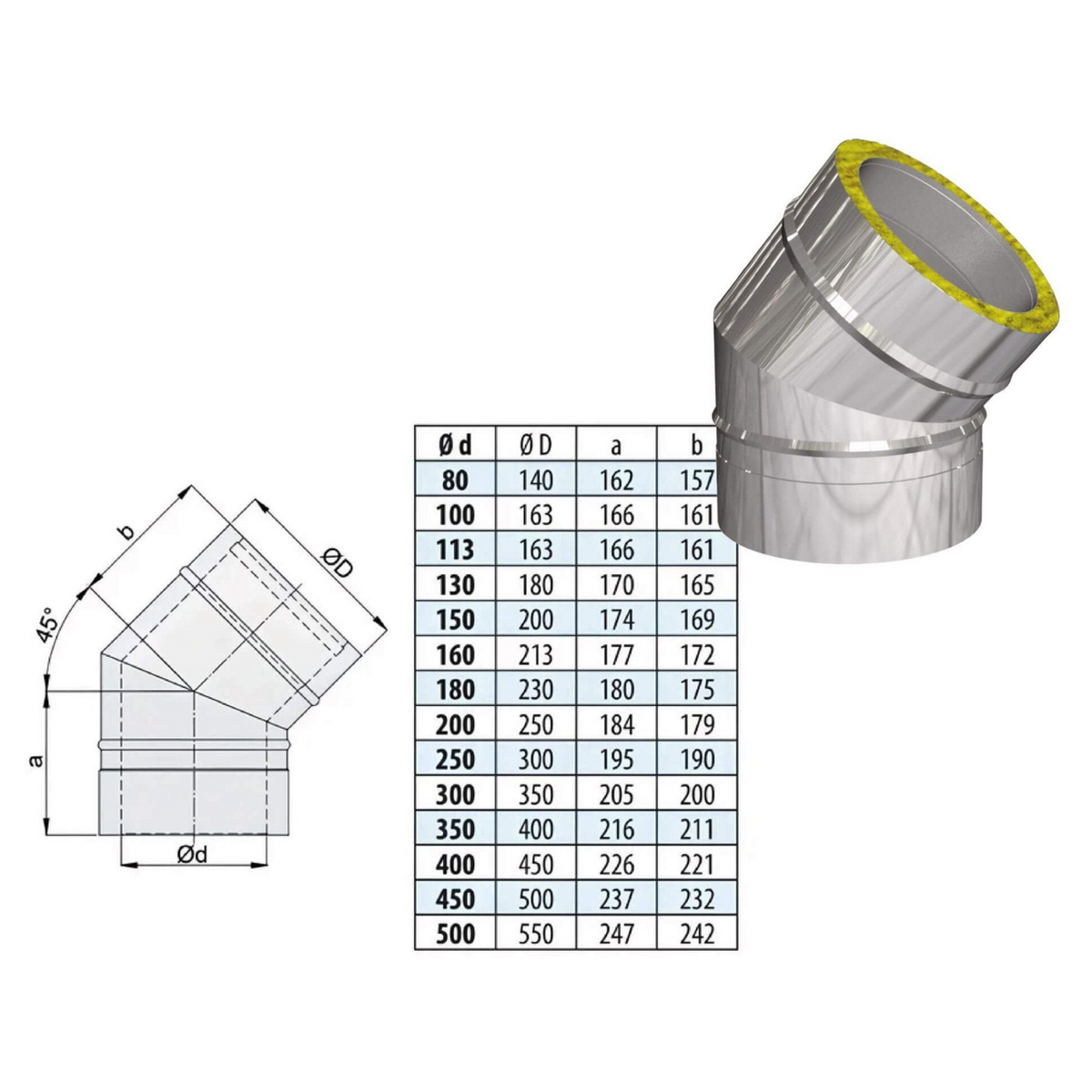 Bogen 45° - doppelwandig - eka edelstahlkamine complex D – Produktabbildung mit vollständiger Maßzeichnung und Maßtabelle