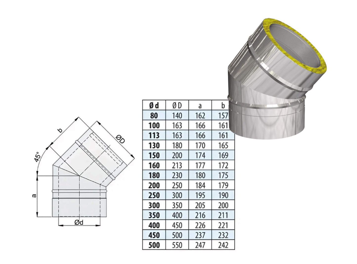 Bogen 45° - doppelwandig - eka edelstahlkamine complex D