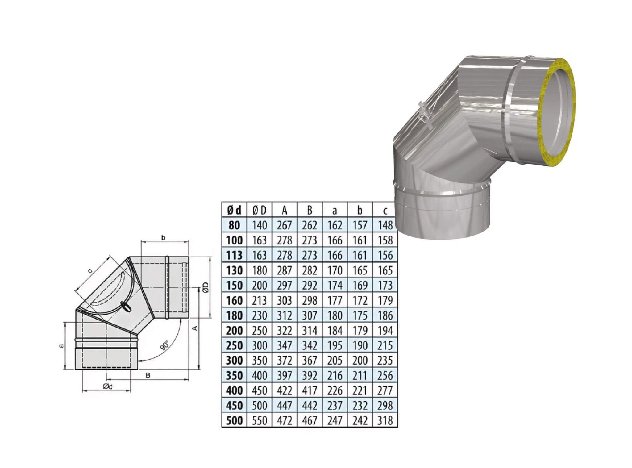 Bogen 90° mit Prüföffnung (bis 600°C) - doppelwandig - eka edelstahlkamine complex D