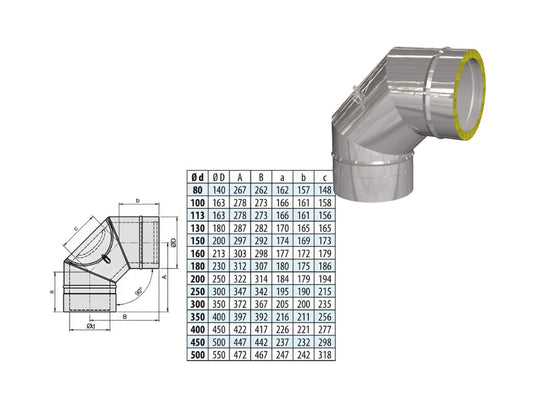 Bogen 90° mit Prüföffnung (bis 600°C) - doppelwandig - eka edelstahlkamine complex D