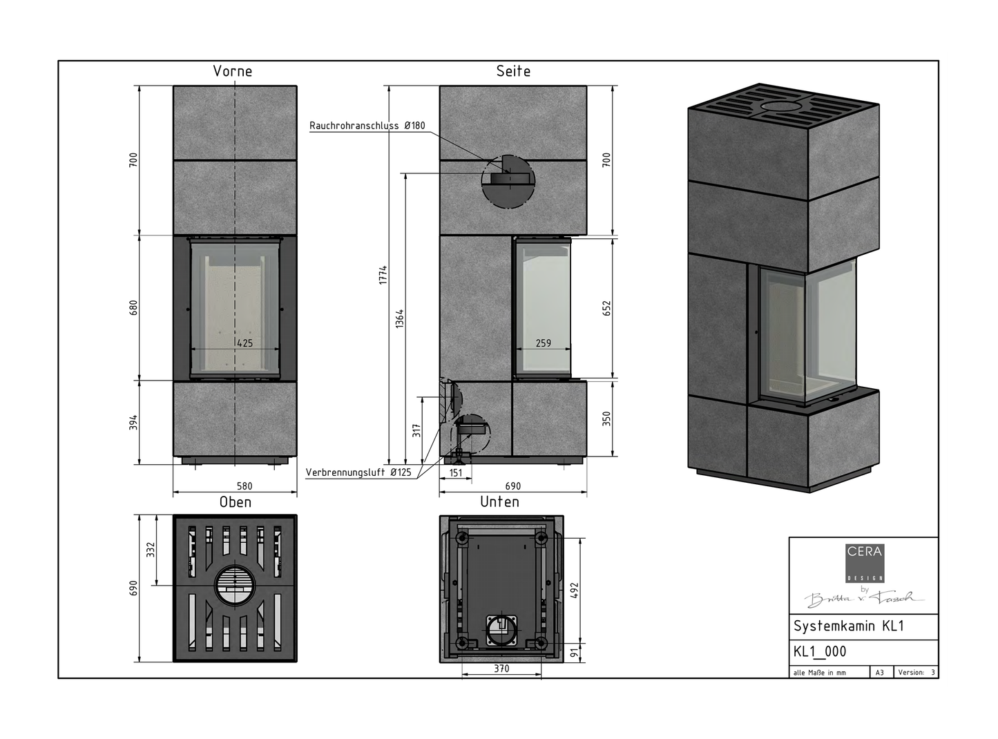 CERA DESIGN LINEA KL1 Beton technische Zeichnung