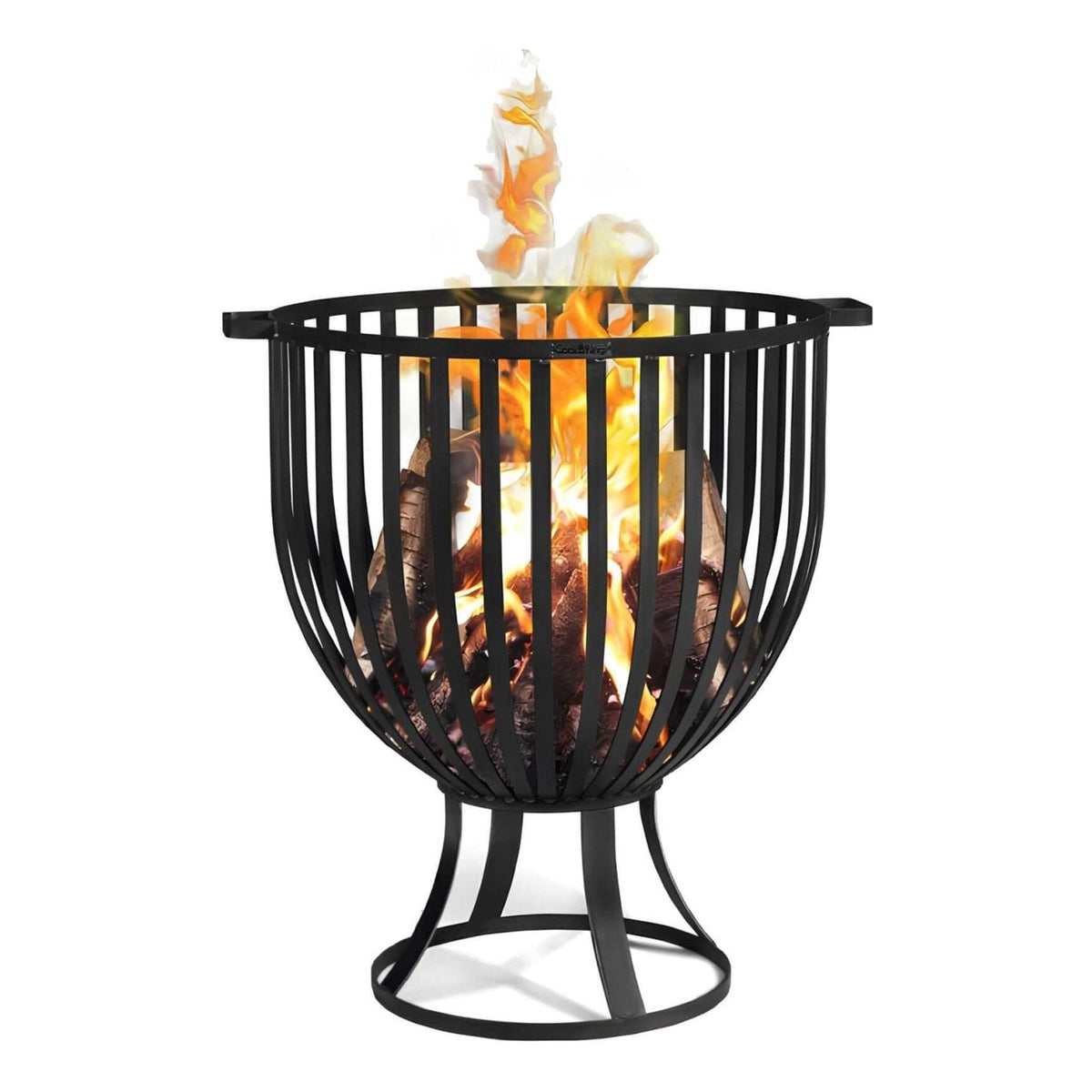 CookKing Feuerkorb Katar – Feuerkorb mit brennendem Holz auf weißem Hintergrund
