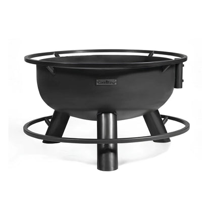 Premium Feuerschale Bandito + Grillrost – Feuerschale mit umlaufenden Ringen und drei Füßen auf Weiß