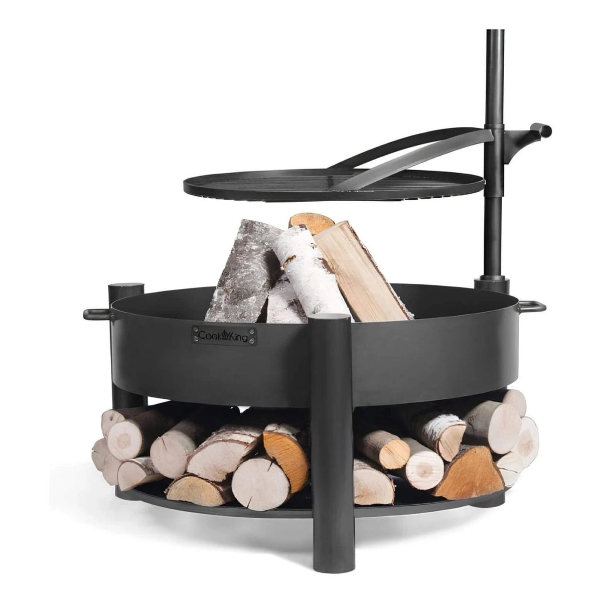 Multifunktionale Feuerschale MONTANA X + Grillrost – Feuerschale mit schwenkbarem Grillrost und gefüllter Holzablage