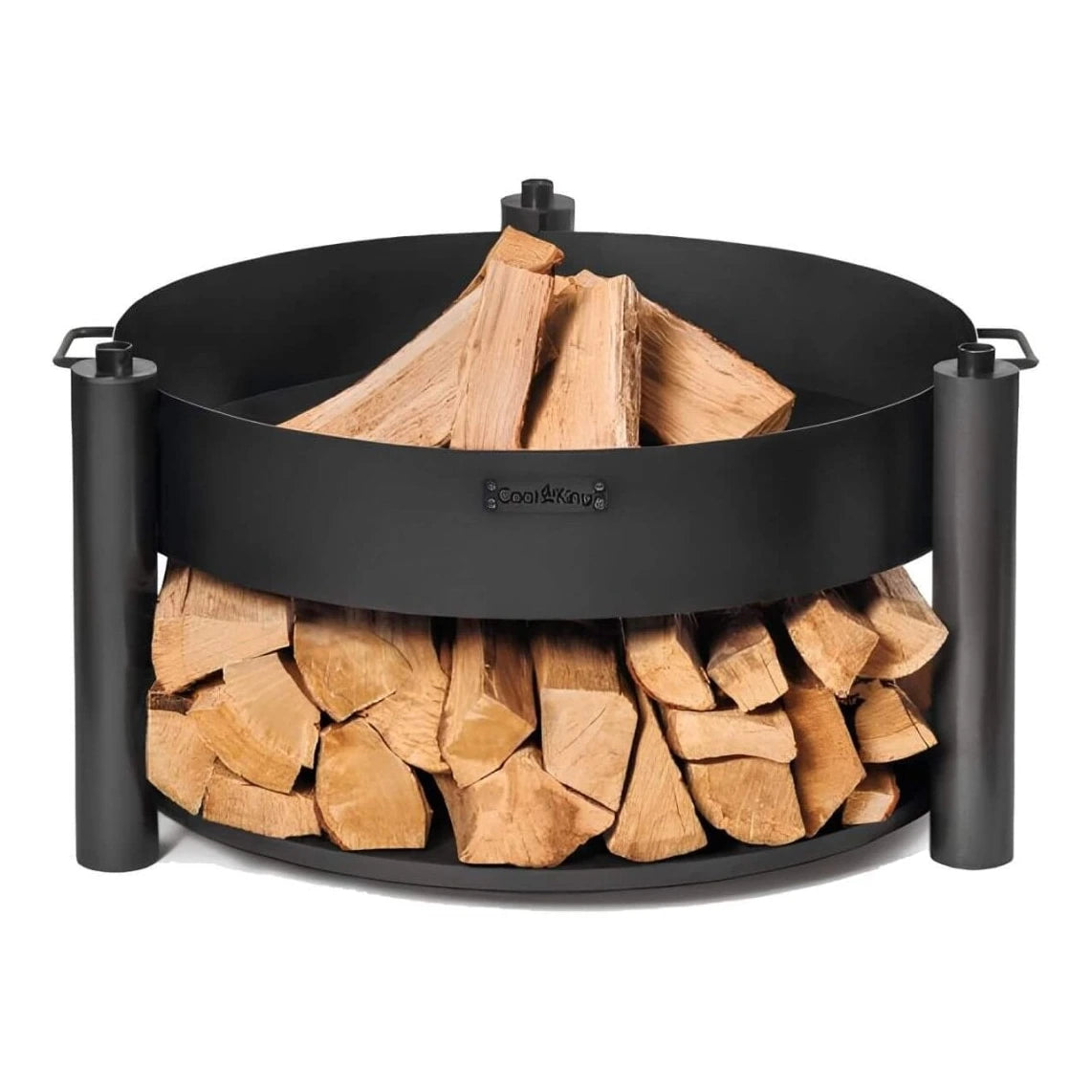 Multifunktionale Feuerschale MONTANA X + Grillrost – Feuerschale mit gefüllter Holzablage ohne Grillaufsatz