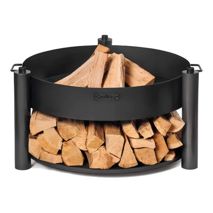 Multifunktionale Feuerschale MONTANA X + Grillrost – Feuerschale mit gefüllter Holzablage ohne Grillaufsatz