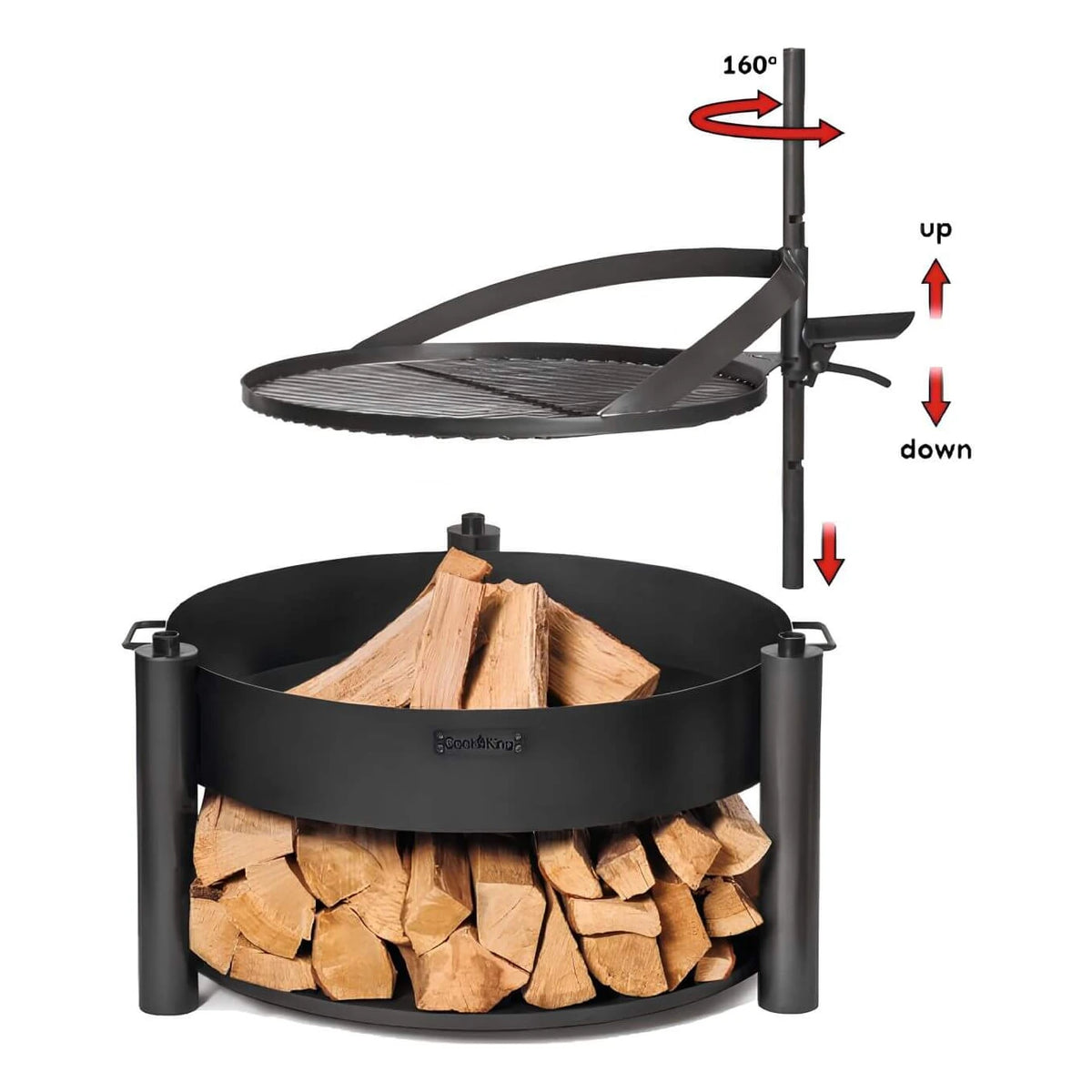 Multifunktionale Feuerschale MONTANA X + Grillrost – Darstellung des schwenk- und höhenverstellbaren Grillrosts mit Richtungspfeilen