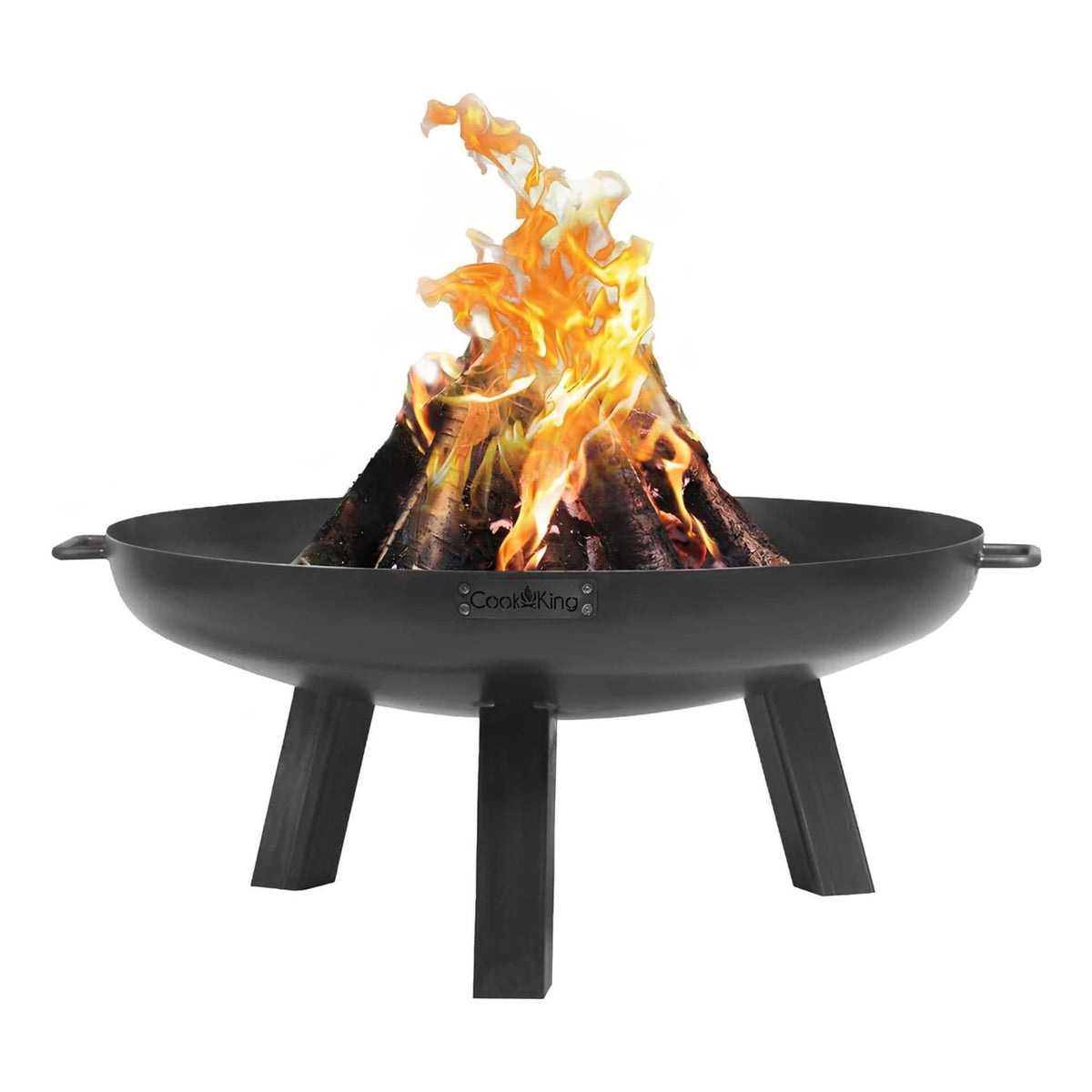 Feuerschale CookKing Polo – Feuerschale mit brennenden Holzscheiten auf weißem Hintergrund