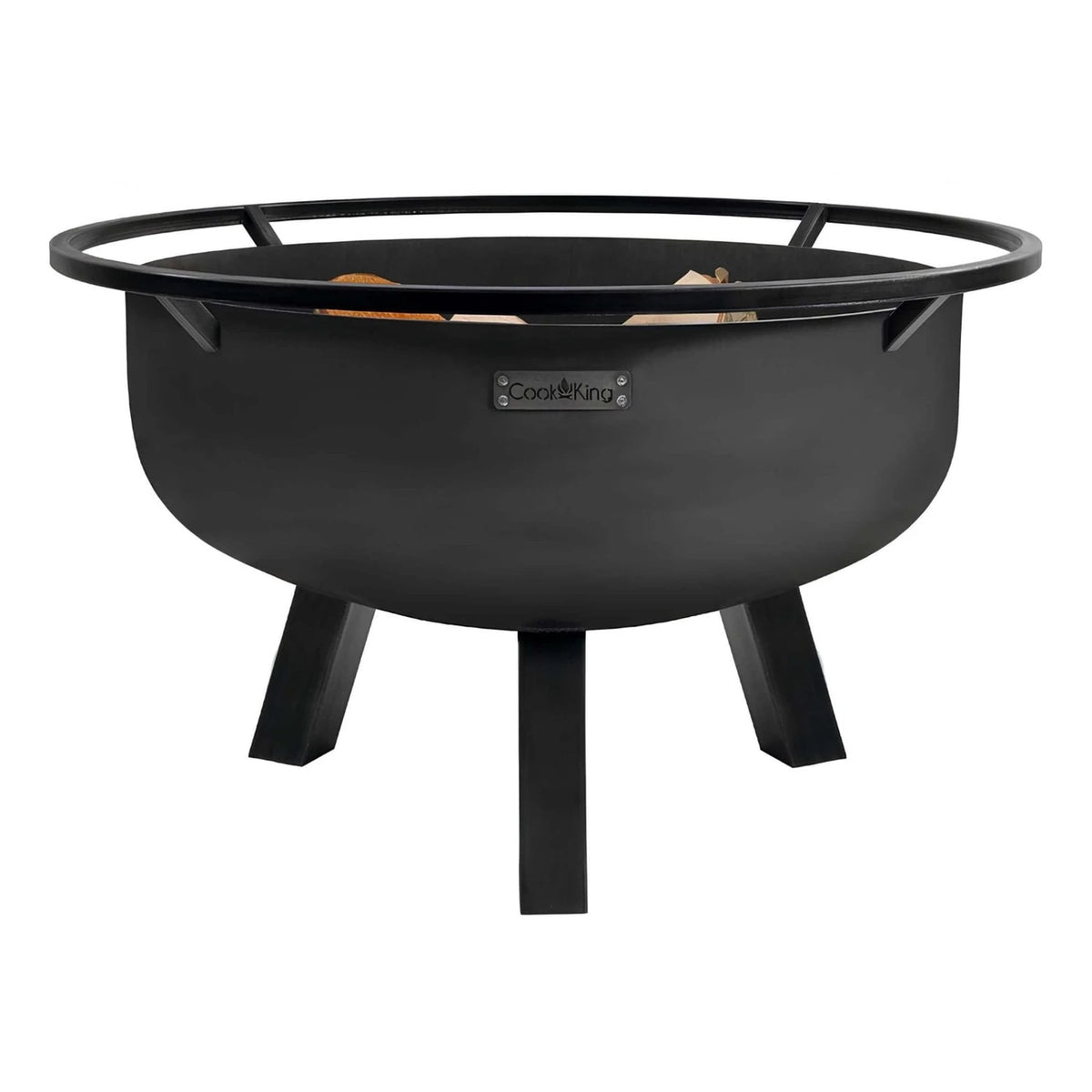 Feuerschale CookKing XXL Porto – Tiefe Feuerschale mit umlaufendem Ring und Holzscheiten auf weißem Hintergrund