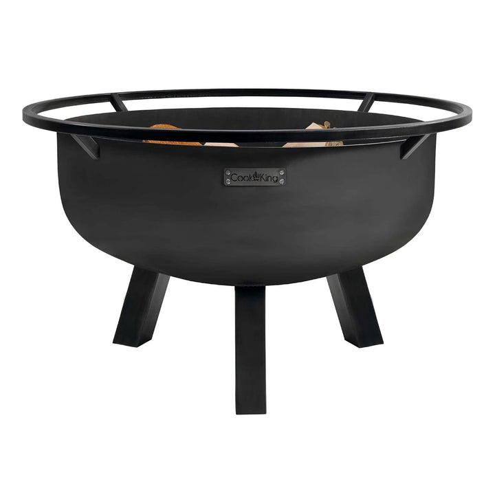 Feuerschale CookKing XXL Porto – Tiefe Feuerschale mit umlaufendem Ring und Holzscheiten auf weißem Hintergrund