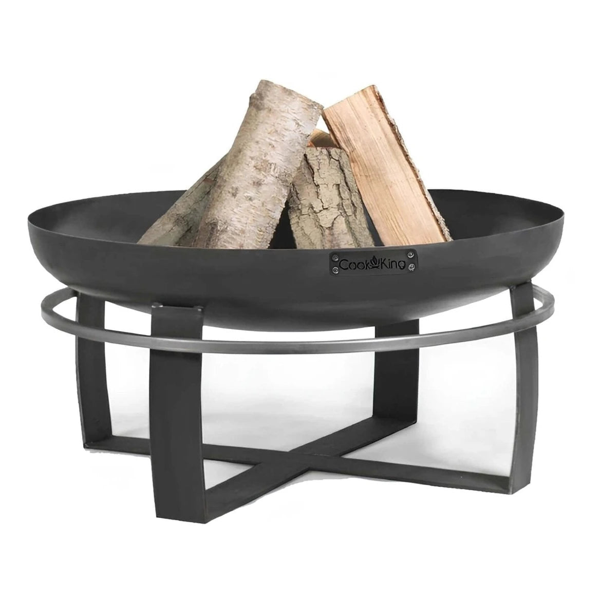 Feuerschale CookKing Viking – Feuerschale mit Holzscheiten auf einem hohen Ringgestell auf Weiß
