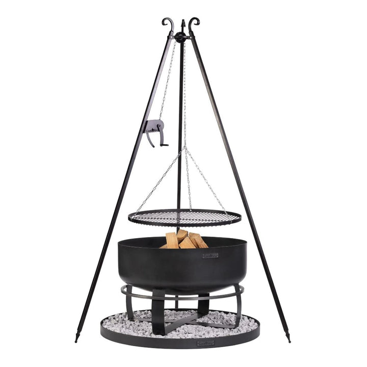 Feuerschale Viking XXL 80 cm + Schwenkgrill 180 cm mit Kurbel + Grillrost  70 cm und Feuerschalenbasis rund – Tiefe Feuerschale mit Schwenkgrill und Bodenplatte