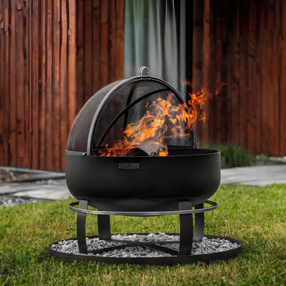 Feuerschale CookKing XXL Viking – Tiefe Feuerschale mit Feuer und geöffnetem Funkenschutz im Garten