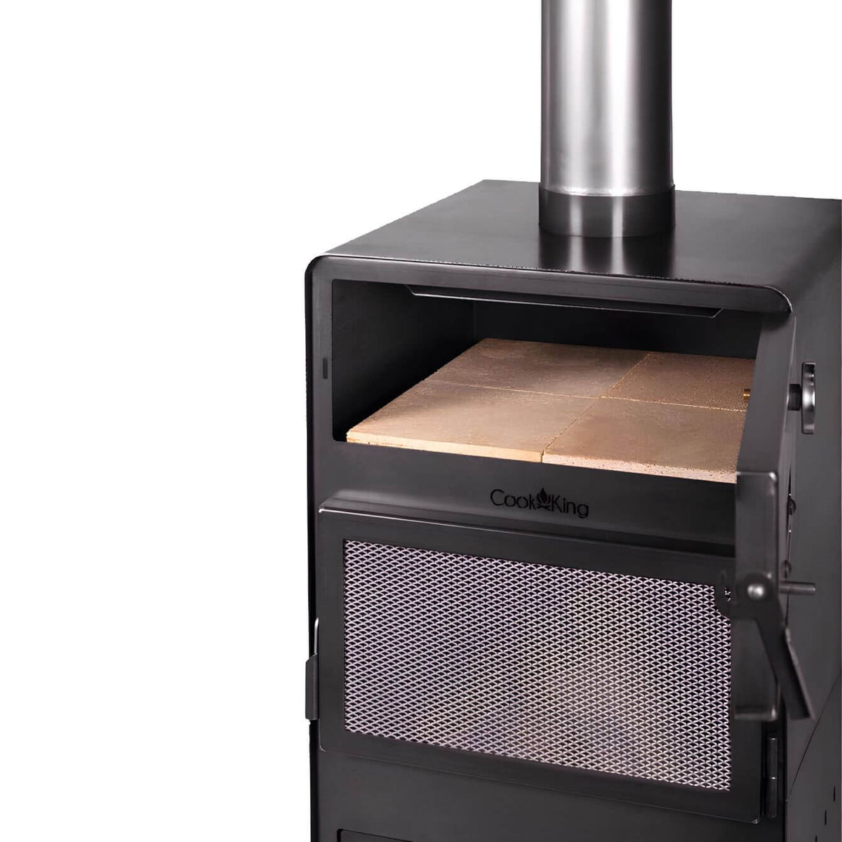 CookKing Gartenofen Vento mit Backfach – Detail des geöffneten Backfachs mit Backstein