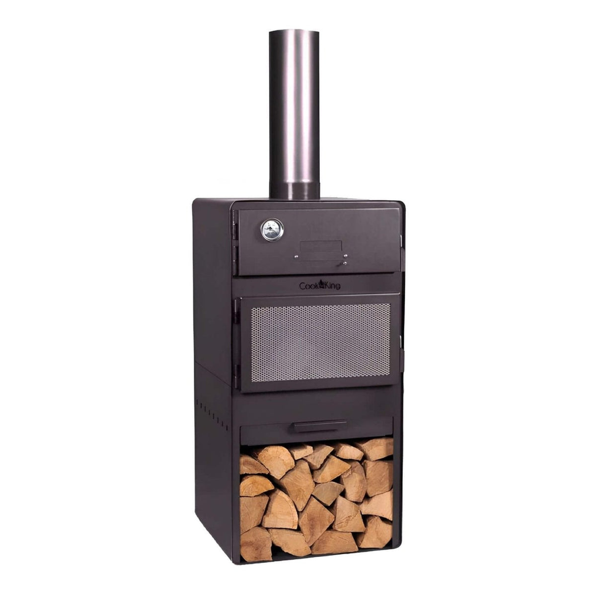 CookKing Gartenofen Vento mit Backfach – Gartenofen mit Backfach, Thermometer und Holzfach auf Weiß