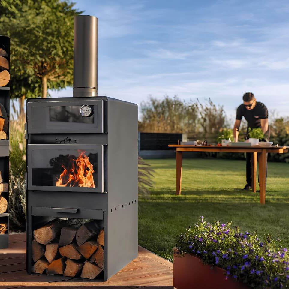 CookKing Gartenofen Vento mit Backfach – Gartenofen mit Backfach und Feuer vor einem Arbeitstisch im Garten