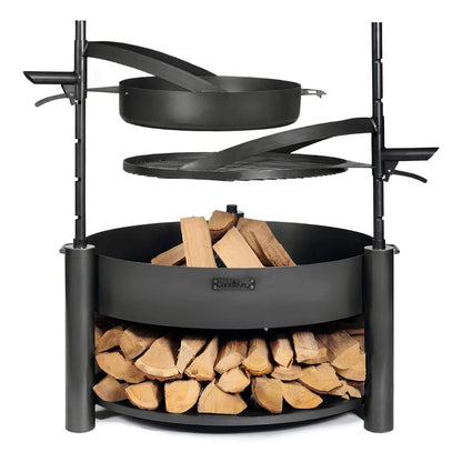 Grillplatte aus Naturstahl mit Griff – Feuerschale mit Holzfach, zwei Masten, Grillplatte und Pfanne auf Weiß