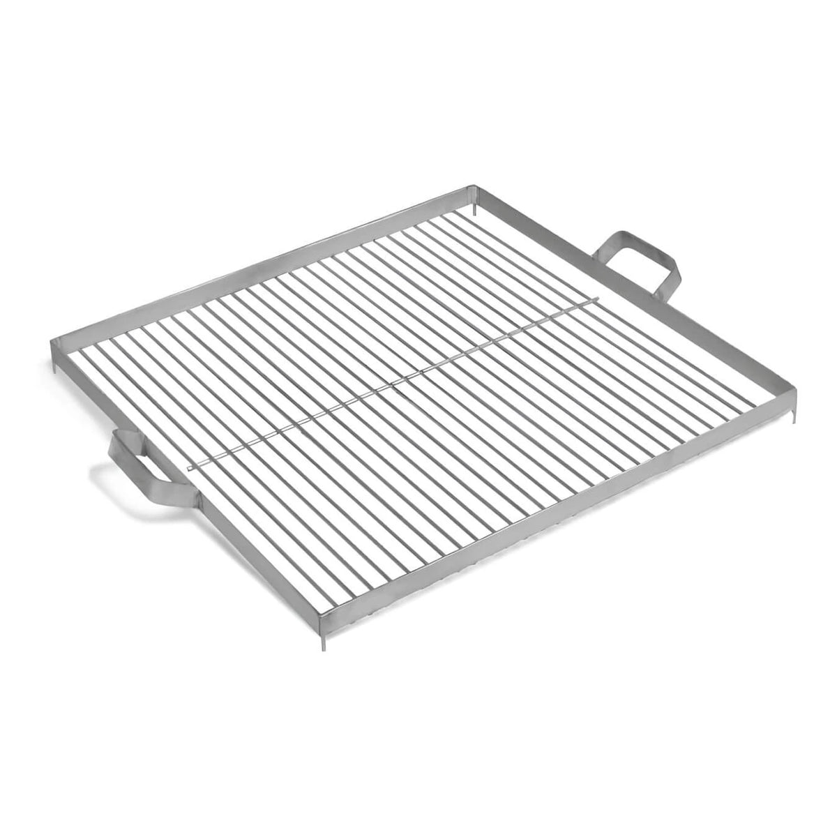 Quadratischer Grillrost aus Edelstahl – Quadratischer Grillrost mit Griffen in schräger Draufsicht