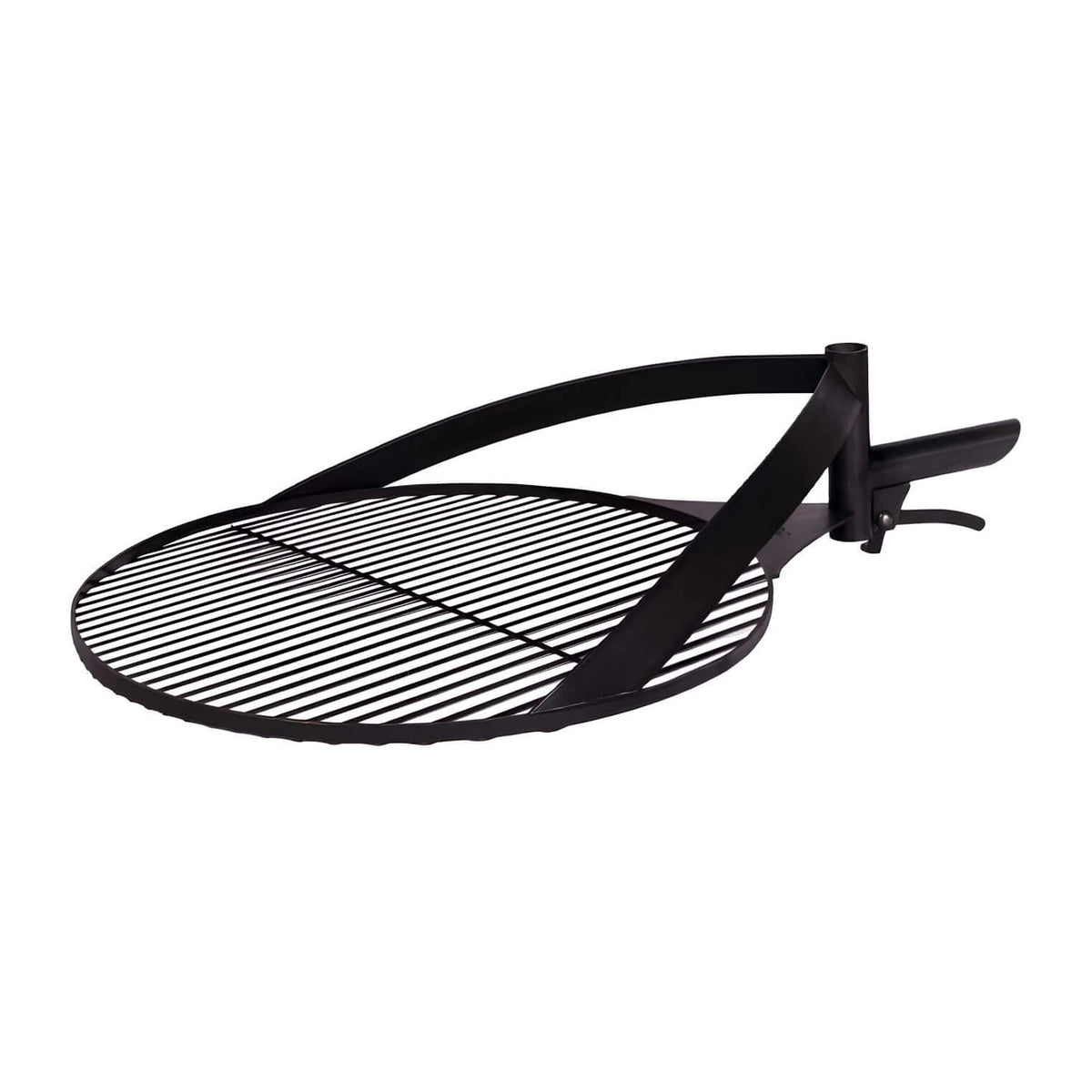 Grillrost aus Naturstahl mit Griff – Runder Grillrost mit gebogenem Haltearm und Griff