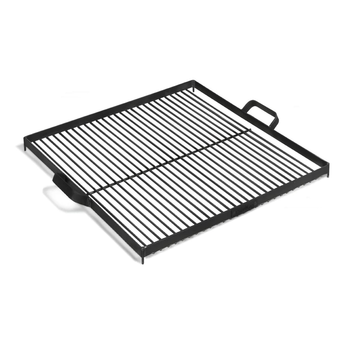 Quadratischer Grillrost aus Naturstahl – Quadratischer Grillrost mit Griffen in schräger Draufsicht