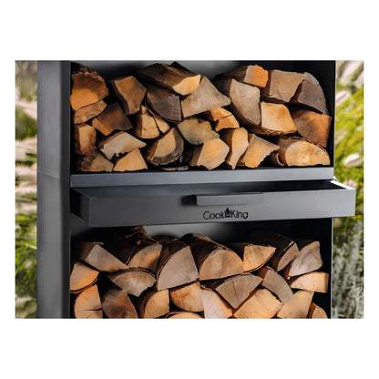CookKing Kaminholzregal Vento – Nahaufnahme der geöffneten Schublade mit Griff und Holzfächern