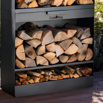 CookKing Kaminholzregal Vento – Nahaufnahme der unteren Holzfächer und geschlossenen Schublade
