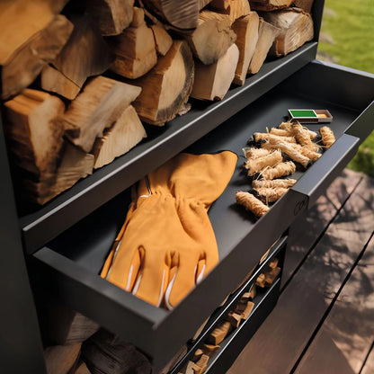 CookKing Kaminholzregal Vento – Geöffnete Schublade mit Handschuhen, Anzündern und Streichhölzern