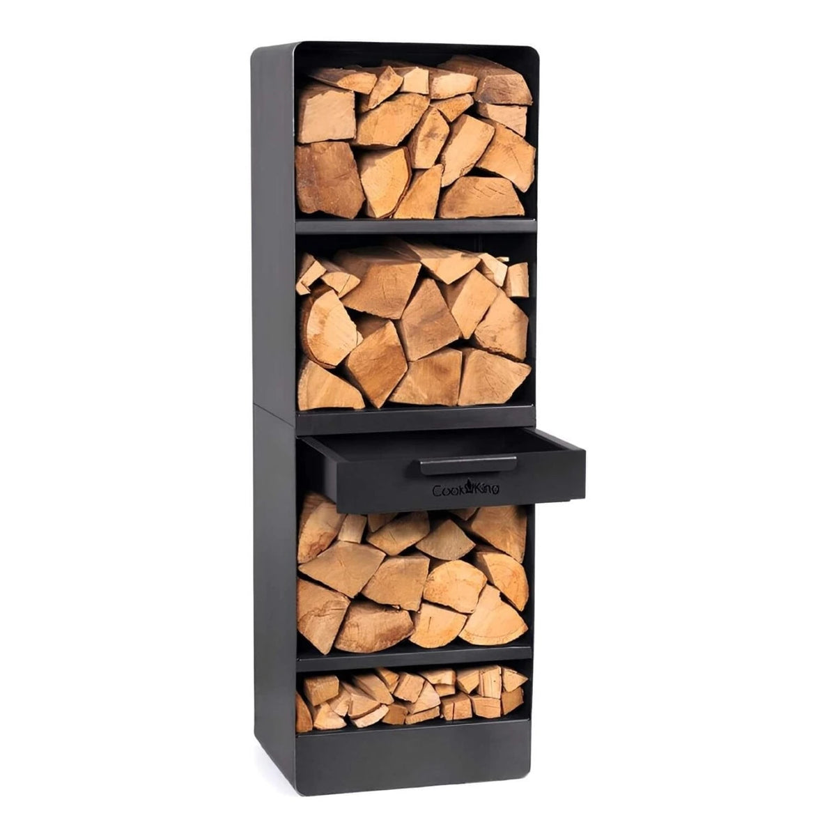 CookKing Kaminholzregal Vento – Hohes Kaminholzregal mit Holzscheiten und geöffneter Schublade auf Weiß