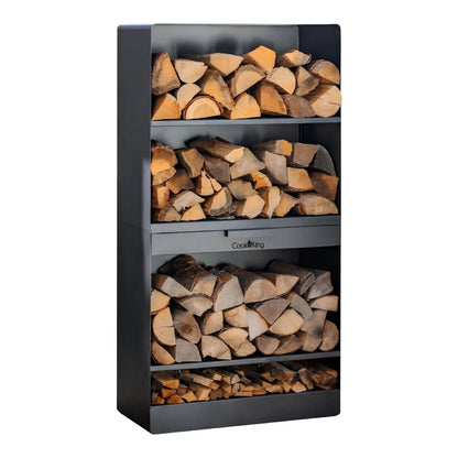 CookKing Kaminholzregal Vento mit Holzscheiten und geschlossener mittiger Schublade auf Weiß
