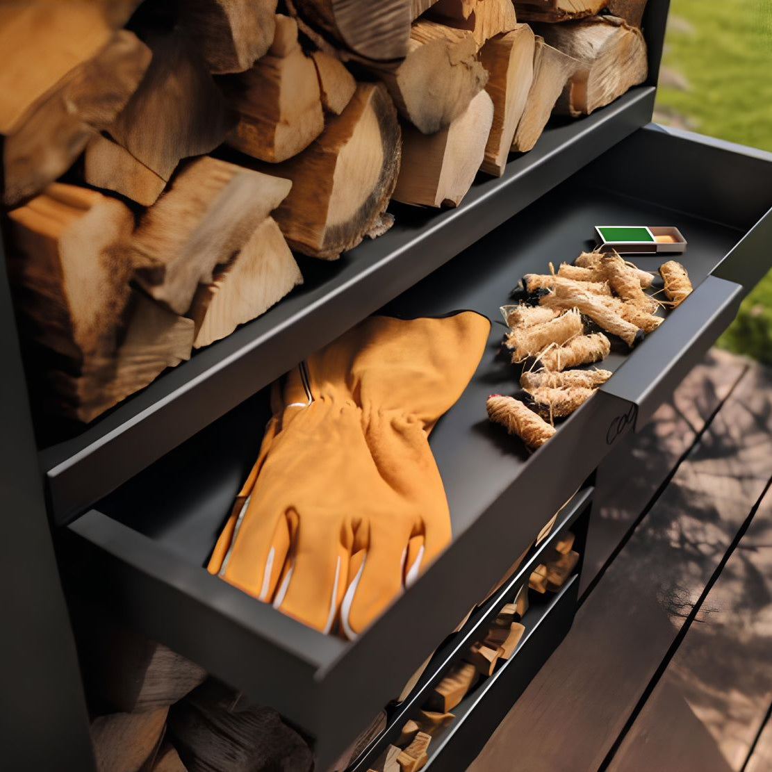 CookKing Kaminholzregal Vento – Geöffnete Schublade mit Handschuhen, Anzündern und Streichhölzern
