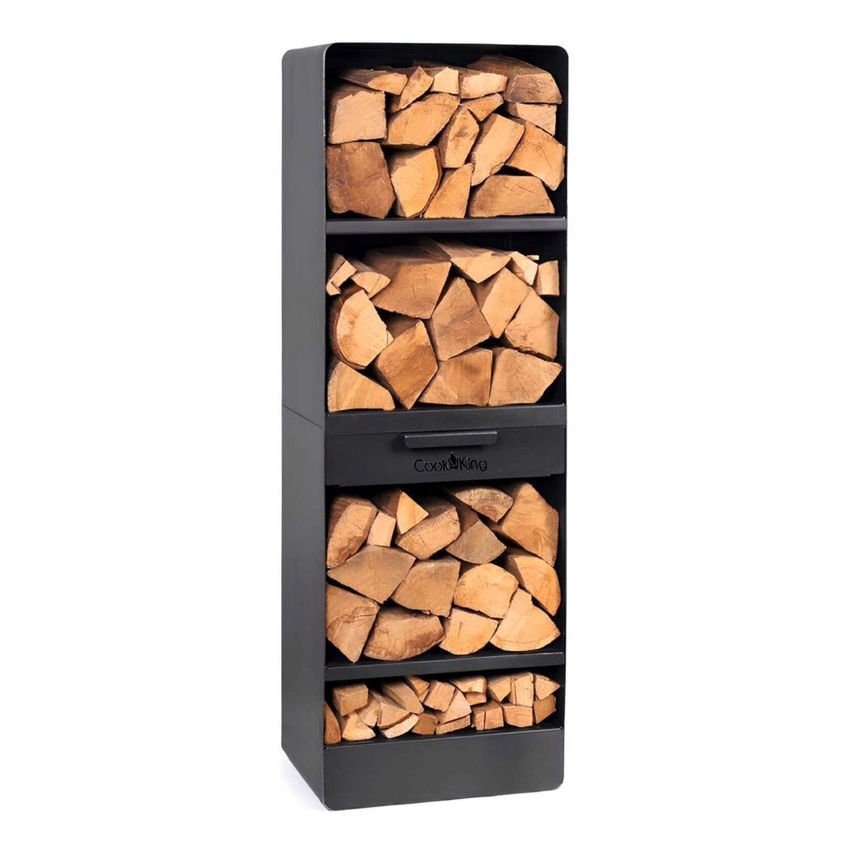 CookKing Kaminholzregal Vento – Hohes Kaminholzregal mit Holzscheiten und Schublade in schräger Ansicht auf Weiß