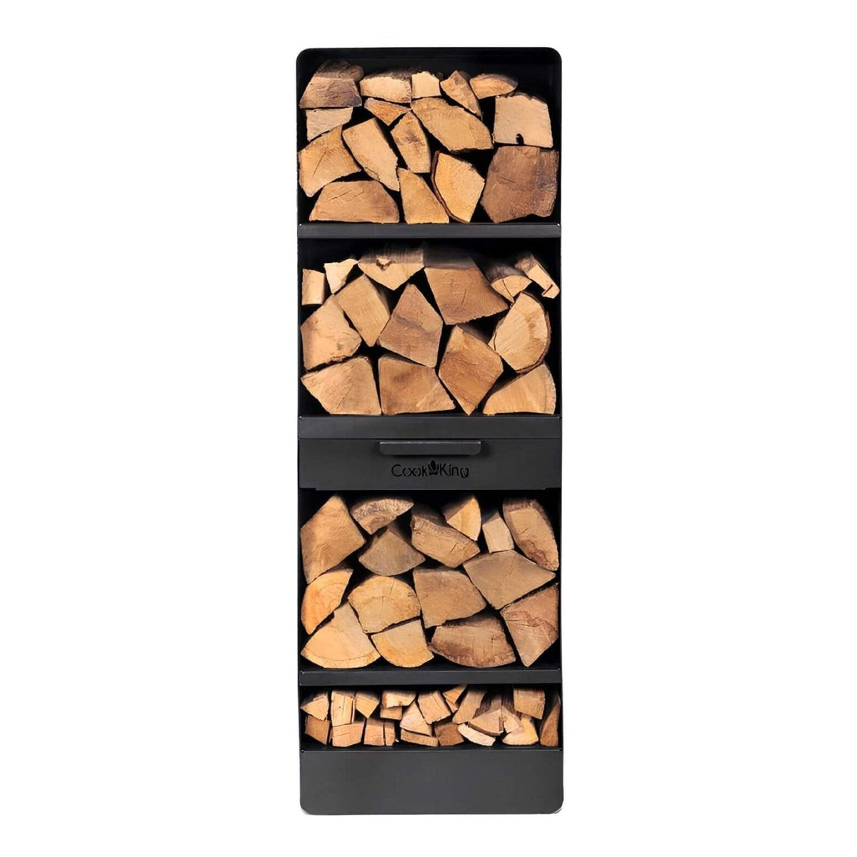 CookKing Kaminholzregal Vento – Hohes Kaminholzregal mit Holzscheiten und Schublade in Vorderansicht auf Weiß