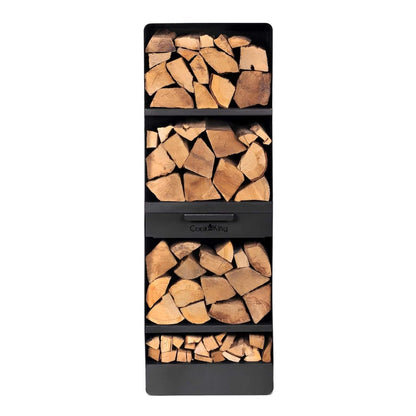 CookKing Kaminholzregal Vento – Hohes Kaminholzregal mit Holzscheiten und Schublade in Vorderansicht auf Weiß