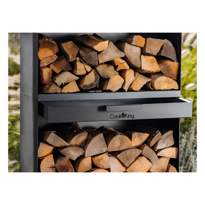 CookKing Kaminholzregal Vento – Nahaufnahme der geöffneten Schublade mit Griff und Holzfächern