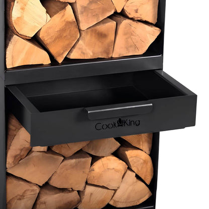 CookKing Kaminholzregal Vento – Nahaufnahme der geöffneten Schublade zwischen Holzfächern