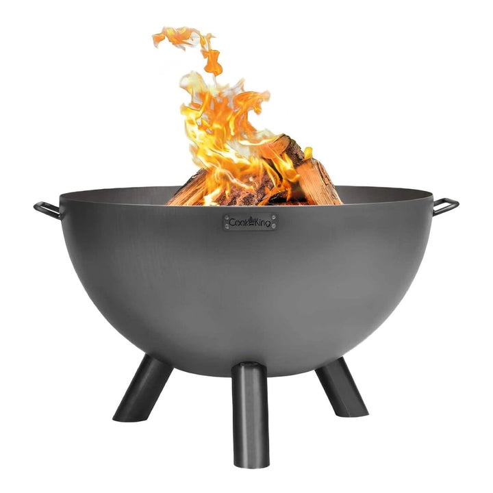 Tiefe Feuerschale Premium KONGO 85 cm – Feuerschale mit brennenden Holzscheiten auf weißem Hintergrund