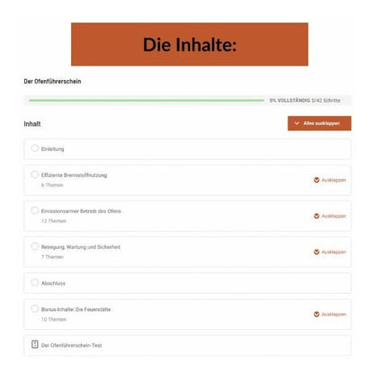 Der Ofenführerschein – Vollständige Bildschirmansicht der Kursinhalte