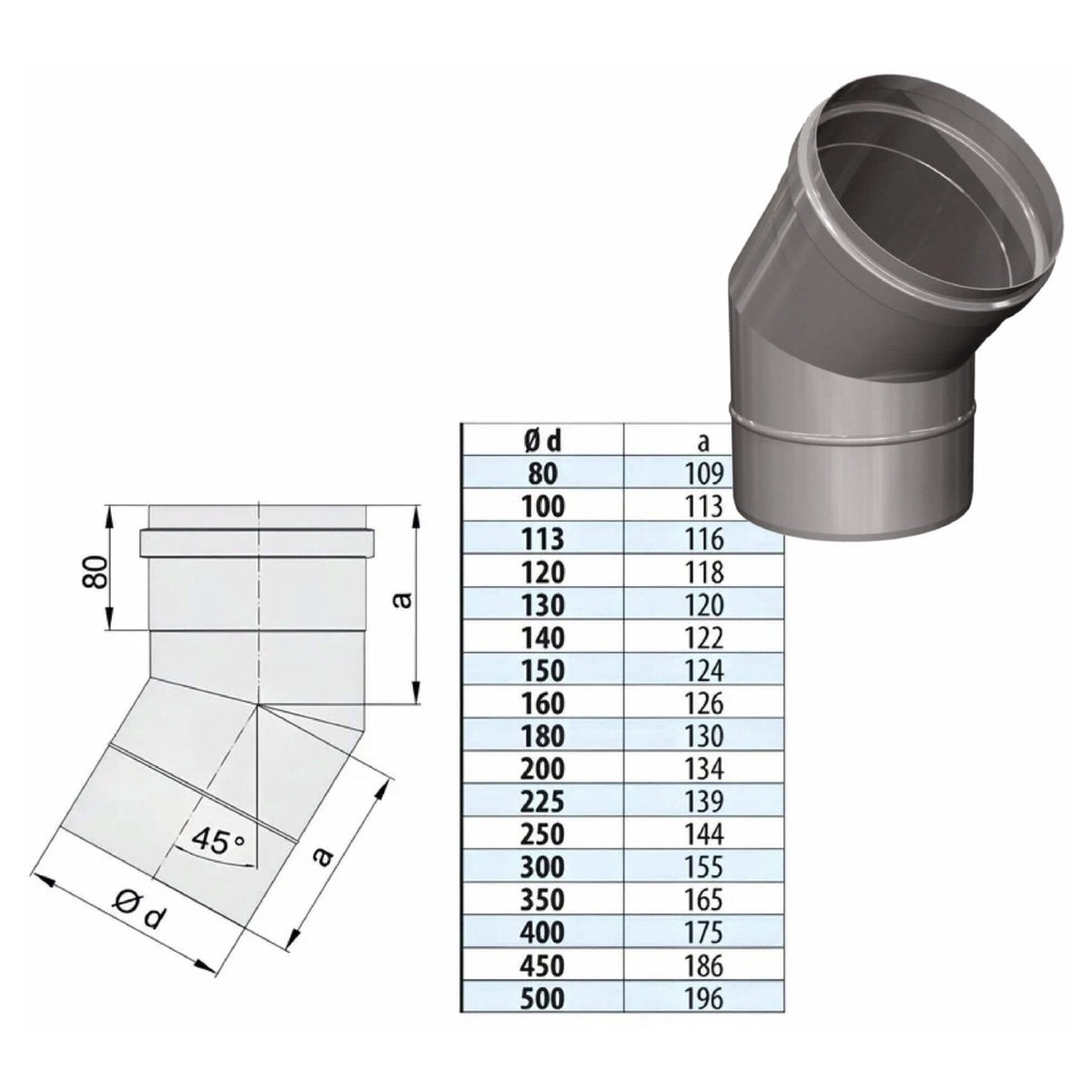 Bogen 45° - einwandig - eka edelstahlkamine complex E – Produktabbildung mit vollständiger Maßzeichnung und Maßtabelle