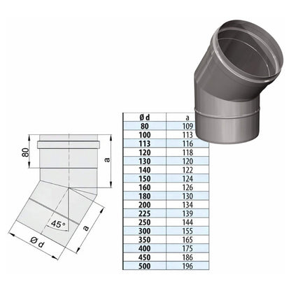 Bogen 45° - einwandig - eka edelstahlkamine complex E – Produktabbildung mit vollständiger Maßzeichnung und Maßtabelle