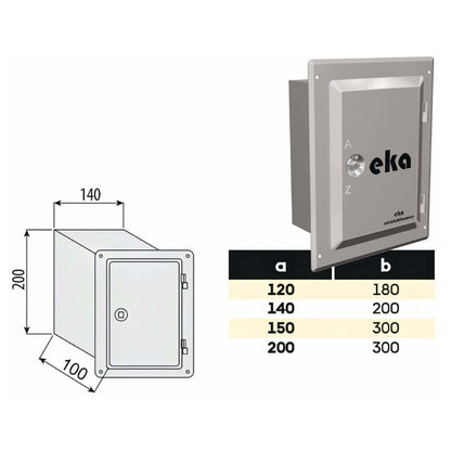 Edelstahltür mit Putzrahmen 100 mm - einwandig - eka complex E – Produktabbildung mit vollständiger Maßzeichnung und Maßtabelle