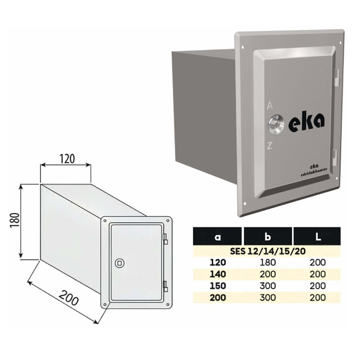 Edelstahltür mit Schiebestutzen 200 mm - eka complex E – Produktabbildung mit vollständiger Maßzeichnung und Maßtabelle