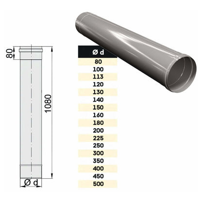 Längenelement 1080 mm - einwandig - eka edelstahlkamine complex E – Produktabbildung mit vollständiger Maßzeichnung und Maßtabelle