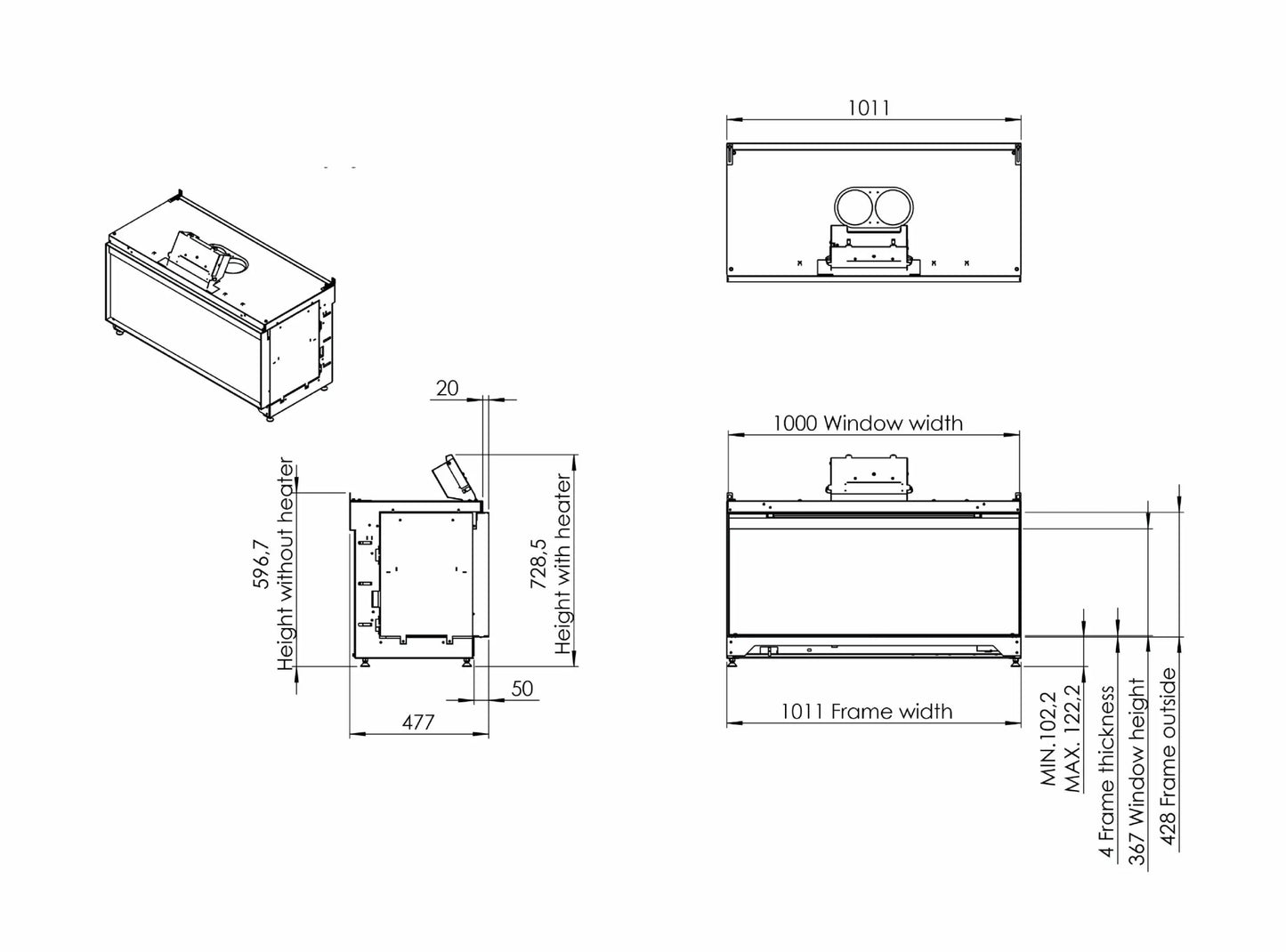 Elektrokamin Kalfire E-one 100F Technische Zeichnung - ofenerlebnis.de