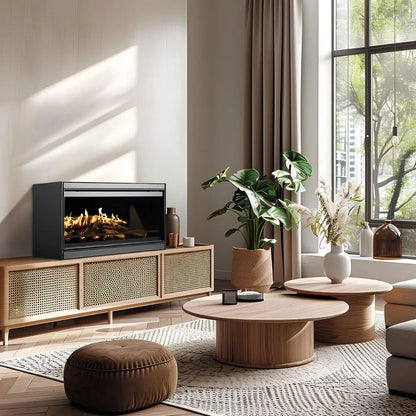 Elektrokamin Kalfire E-one 100F FR – Elektrokamin auf einem Sideboard neben großem Fenster