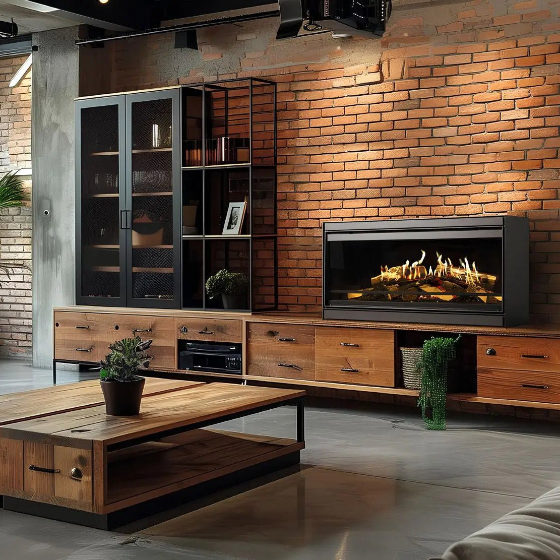 Elektrokamin Kalfire E-one 100F FR – Elektrokamin auf einem Sideboard vor Backsteinwand