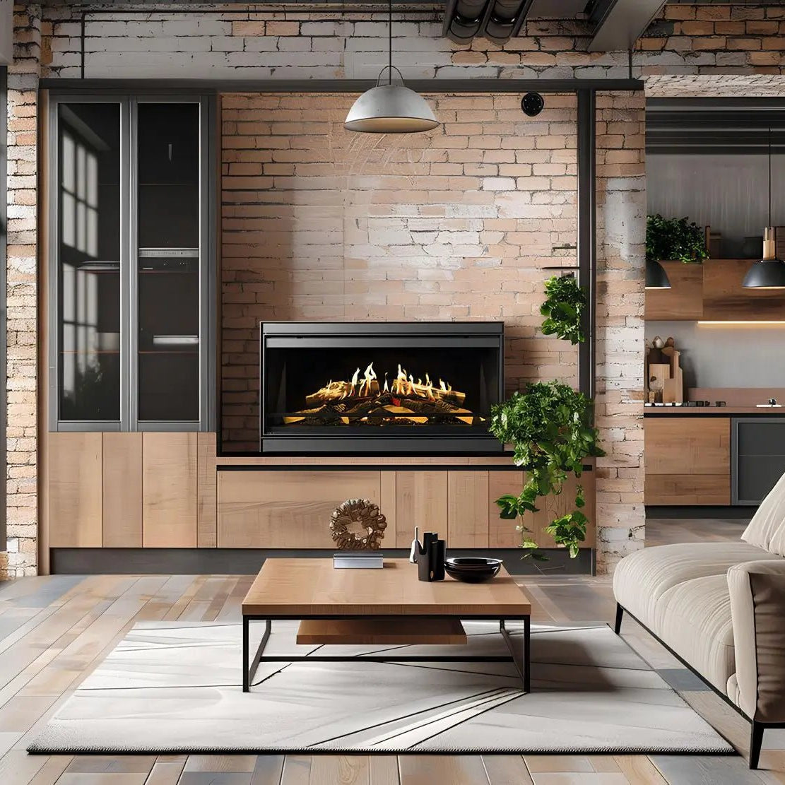 Elektrokamin Kalfire E-one 100F FR – Elektrokamin in einer Schrankwand vor heller Backsteinwand