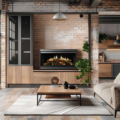 Elektrokamin Kalfire E-one 100F FR – Elektrokamin in einer Schrankwand vor heller Backsteinwand