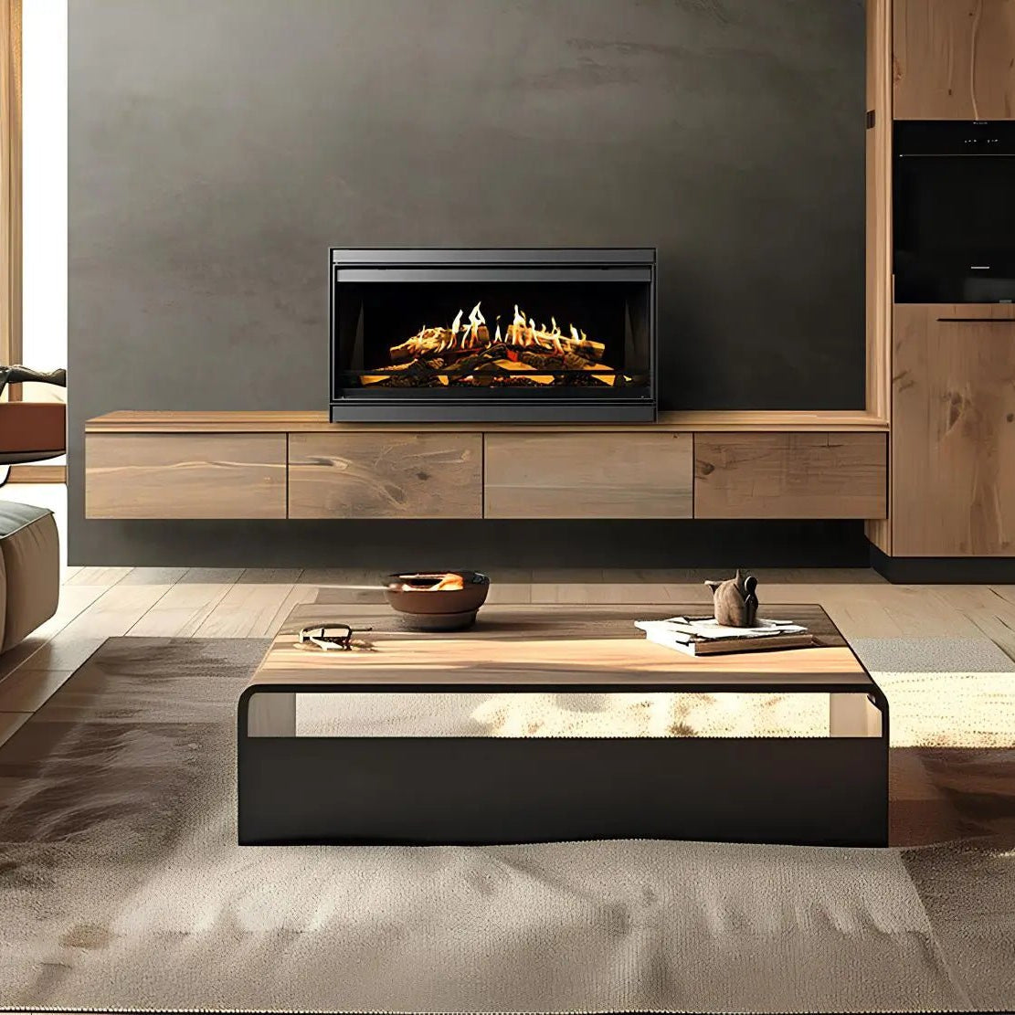 Elektrokamin Kalfire E-one 100F FR – Elektrokamin in einer Wohnwand über einem langen Holz-Sideboard