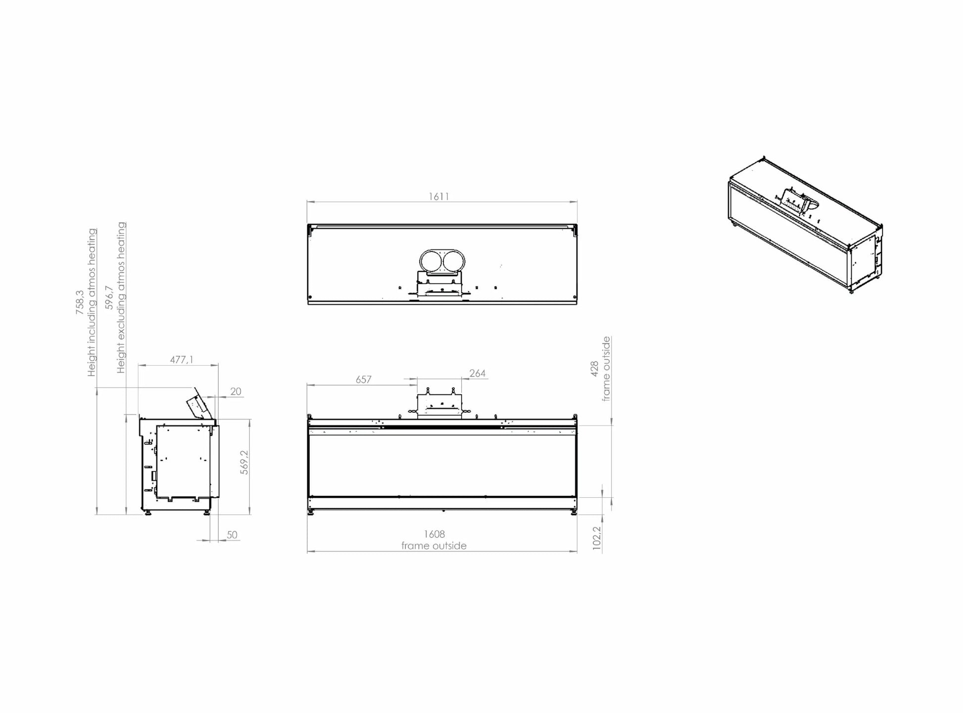 Elektrokamin Kalfire E-one 160F Technische Zeichnung - ofenerlebnis.de