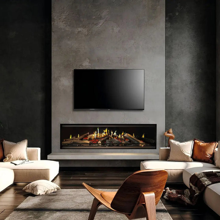 Elektrokamin Kalfire E-one 160F – Elektrokamin unter einem Fernseher in einem hohen dunklen Wohnraum